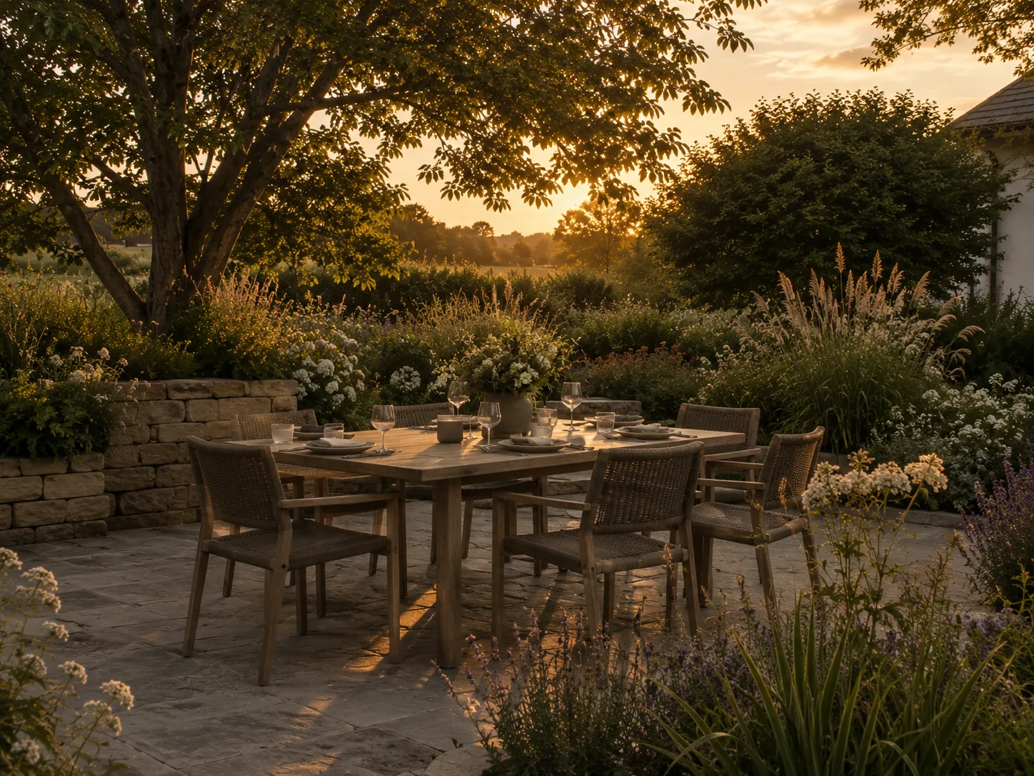 Ein gedeckter Gartentisch als Sinnbild für gewünschte Nutzung und gemeinsames Leben