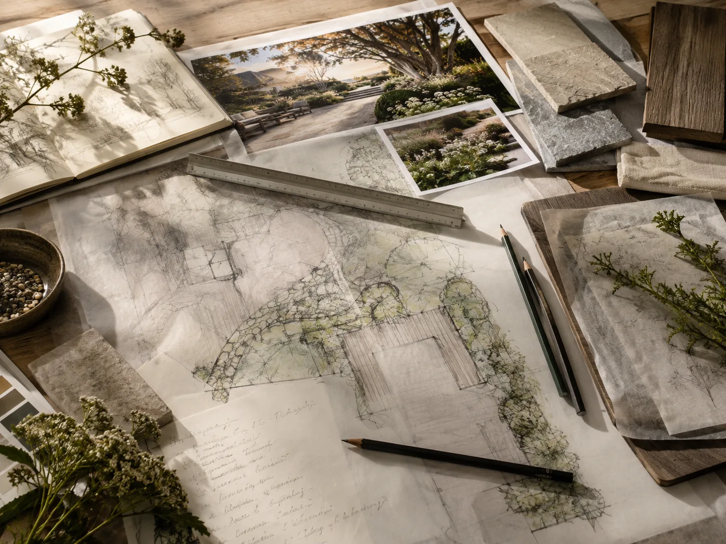 Gartenplanung mit Skizzen, Materialien und Pflanzenideen